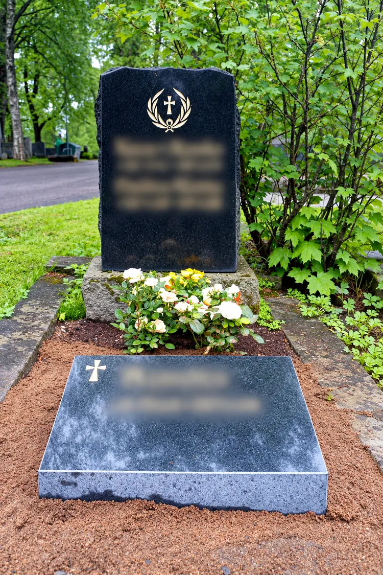 Tumma pystykivi ja erillinen tyynykivi kukkaistutuksineen.